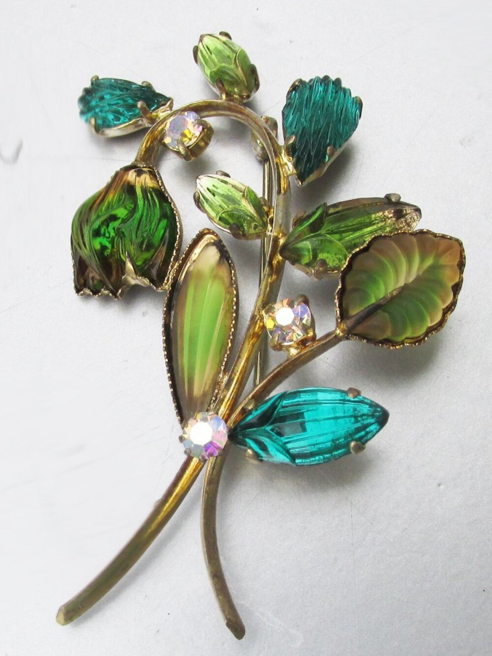 Vintage 1950s West Germany Molded Green AB Rhinestone Flower Brooch Pin